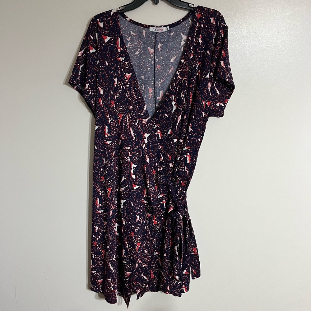 Women's JustFab Short Sleeve Floral Paisley Print Wrap Dress Size 2XL Navy & Red